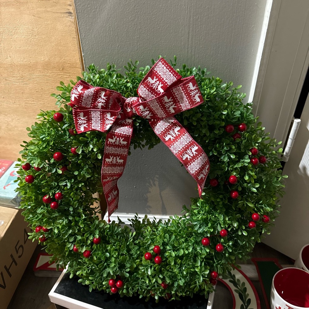 Green Wreath with Red Bow and Berries SET of TWO